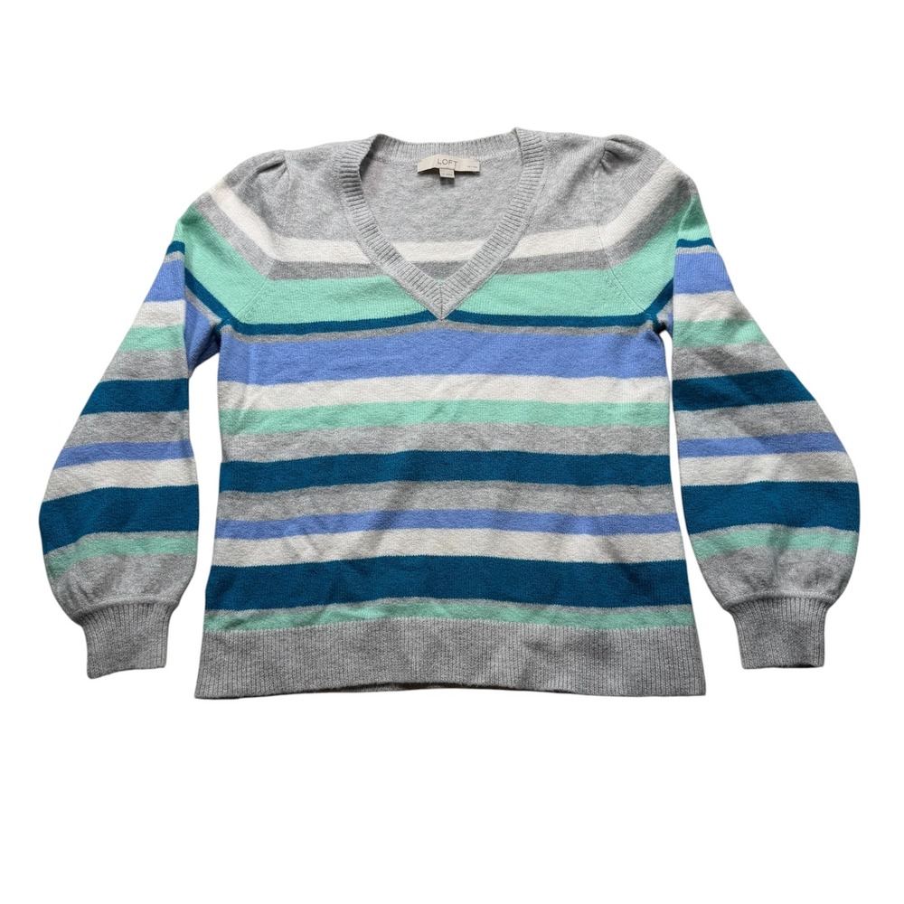 Loft Petites Striped V-Neck Puff Sleeve Sweater Blue Teal Grey LP #209